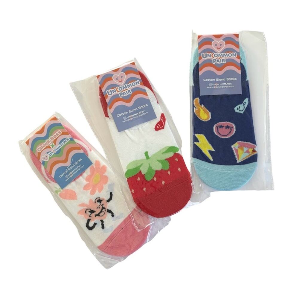 Uncommon Pair Cotton Blend No Show Socks 3 Pack Bundle Floral Happy Face Print